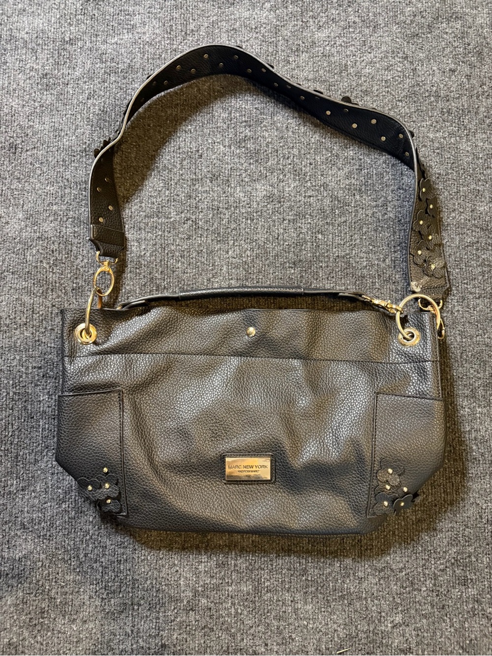 Marc New York Black Pebbled Leather Stud-Detail Shoulder Bag